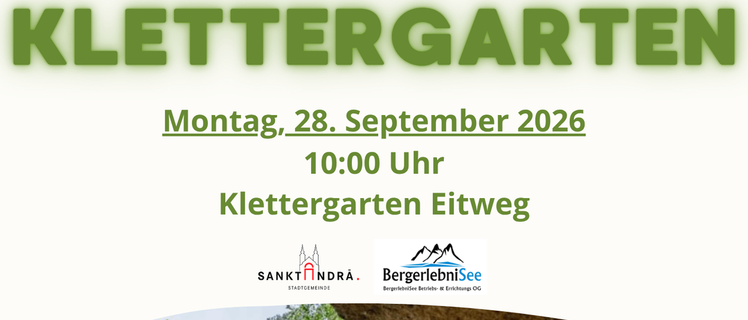 Plakat zur Eröffnung des Klettergartens am 28. September 2026. Zwei Kletterer sind beim Klettern einer Felswand mit Seilen zu sehen.