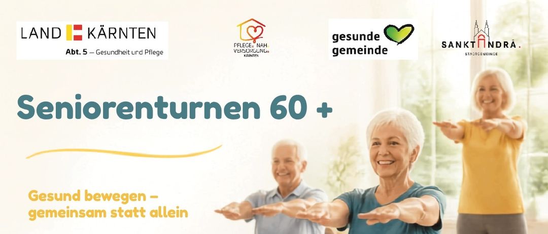 Ein Werbeplakat für ein Fitnessprogramm für Senioren, das drei Personen bei Übungen zeigt. Der Text betont die Vorteile von Kraft, Gleichgewicht und Koordination. Das Programm ist mittwochs von 14:00 bis 15:00 Uhr geplant.