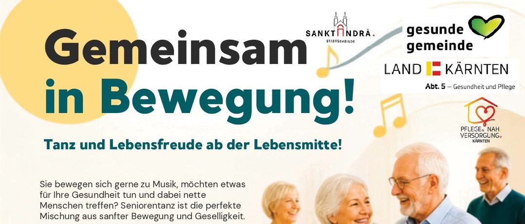 Plakat für eine Senioren-Tanzveranstaltung. Es zeigt eine Gruppe älterer Erwachsener, die fröhlich tanzen. Das Plakat enthält Details zur Veranstaltung, wie Datum, Uhrzeit und Ort. Es hebt auch die Vorteile des Tanzens für Senioren hervor, einschließlich verbesserter Gesundheit und sozialer Interaktion.