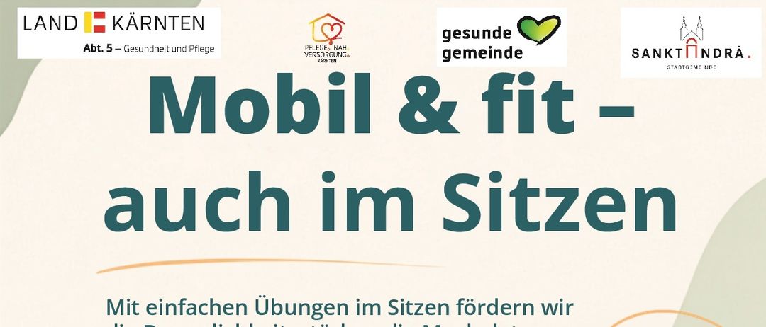 Werbeplakat für Sitzübungen für Senioren, das eine Gruppe älterer Personen zeigt, die Sitzübungen durchführen. Das Plakat betont die Vorteile von Sitzübungen, einschließlich verbesserter Mobilität, gestärkter Muskeln und verbesserter Durchblutung. Die Veranstaltung ist für Dienstag, 8. September 2026, von 10:30 Uhr bis 11:30 Uhr geplant.