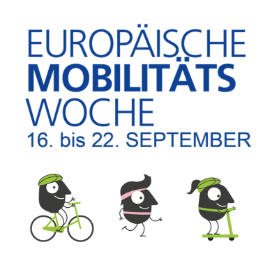 Plakat für die Europäische Mobilitätswoche vom 16. bis 22. September mit drei Charakteren, die ein Fahrrad fahren, rennen und einen Roller fahren.