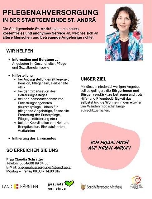 Plakat über Pflegeversorgung in St. Andrä, Österreich. Bietet Dienste für ältere Menschen und Betreuer, einschließlich Informationen, Beratung und Unterstützung bei Anträgen. Kontaktdaten für Frau Claudia Schratter.
