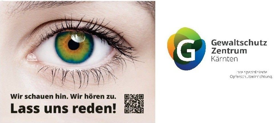 Ein Nahaufnahme eines Auges mit einer bunten Iris und einem QR-Code mit einem Logo für das Gewaltzentrum Karnten. Der Text lautet 'schauen hin. Wir hören zu. sprechen uns reden!'.