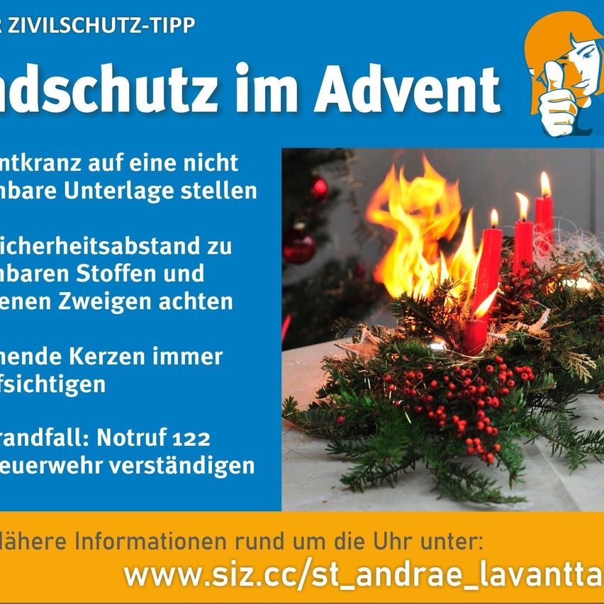 Ein Poster über Zivilschutz-Tipps im Advent. Es zeigt ein brennendes Kaminfeuer mit brennenden Kerzen und warnt vor einem sicheren Abstand zu brennbaren Materialien und Zweigen. Das Poster gibt die Notrufnummer 122 an und verweist auf eine Website für weitere Informationen.