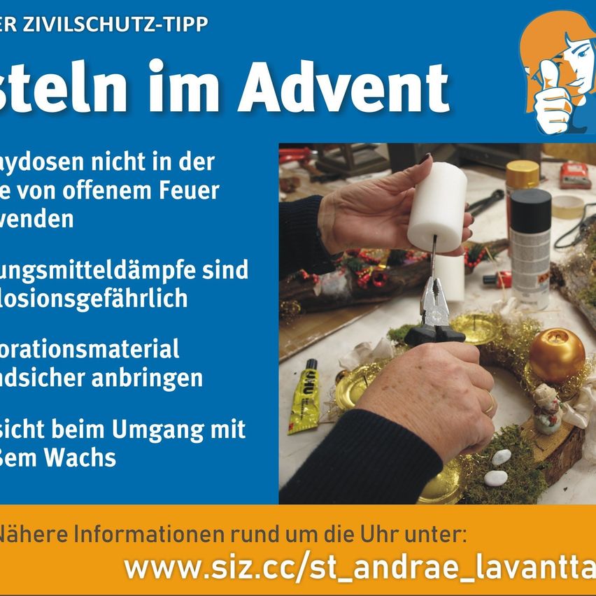 Ein Plakat für den Zivilschutz-Tipp zum Kerzenstellen in der Adventszeit. Es warnt vor Kerzen in der Nähe von offenen Flammen und erwähnt die Gefahr von schmelzendem Wachs.
