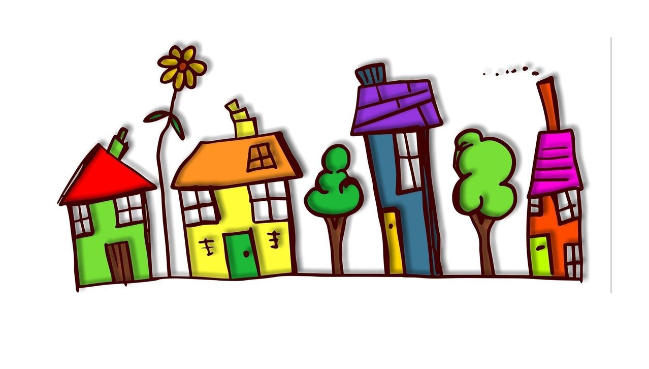 A cartoon illustration of four houses in a row. The first house has a yellow roof and a flower on the left. The second house is blue with a purple roof. The third house has a green door.