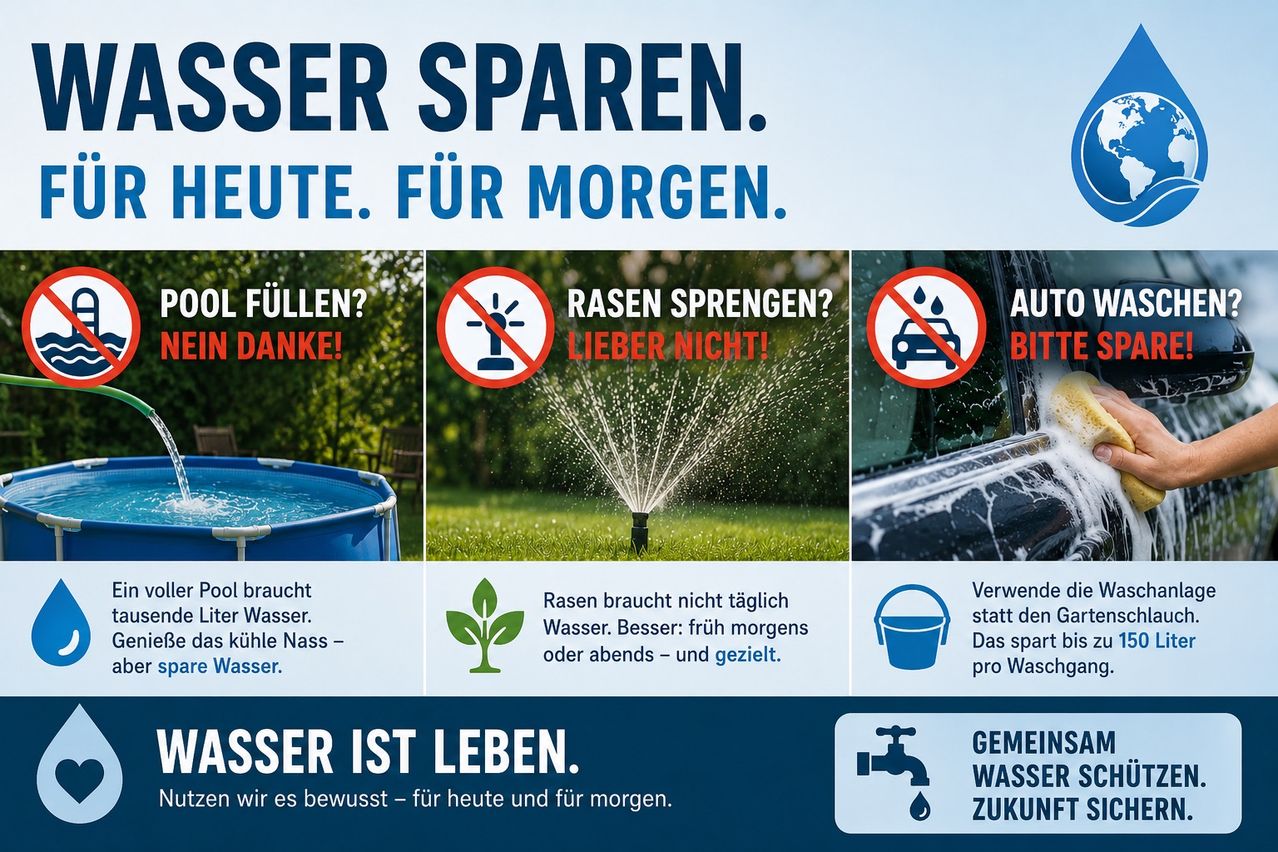 The poster promotes water conservation. It features images of water wastage and advises against filling pools, lawn spraying, and car washing. It suggests watering plants in the morning or evening. Water is essential for life.