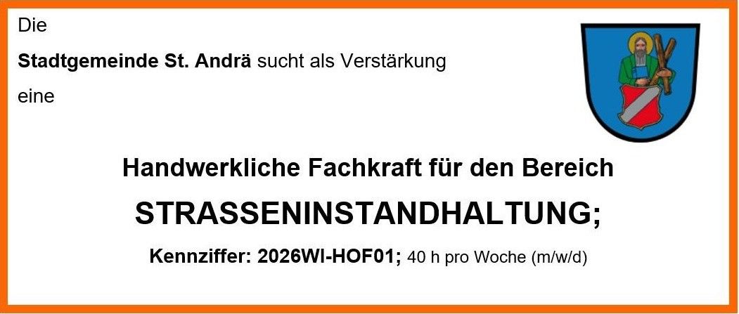 Reindl St. Andrä sucht als Verstärkung Handwerkliche Fachkraft für den Bereich STRASSENINSTANDHALTUNG; Kennziffer: 2026WI-HOF01; 40 h pro Woche (m/w/d).