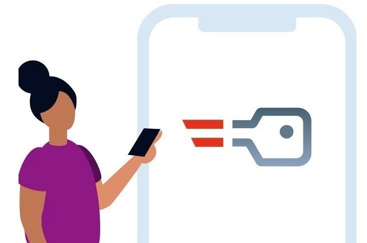 Illustration einer Frau, die ein Smartphone hält, wobei ein Schlüsselsymbol auf dem Bildschirm des Telefons erscheint.
