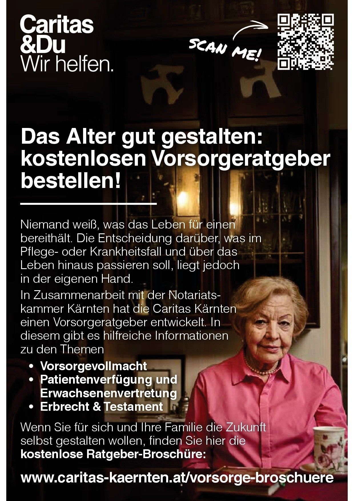 Eine Anzeige für kostenlose Sorgeberater wird gezeigt. Eine lächelnde ältere Frau ist abgebildet. Es enthält Informationen über Sorgevollmacht, Patientenvertretung und Erbrecht & Testament.