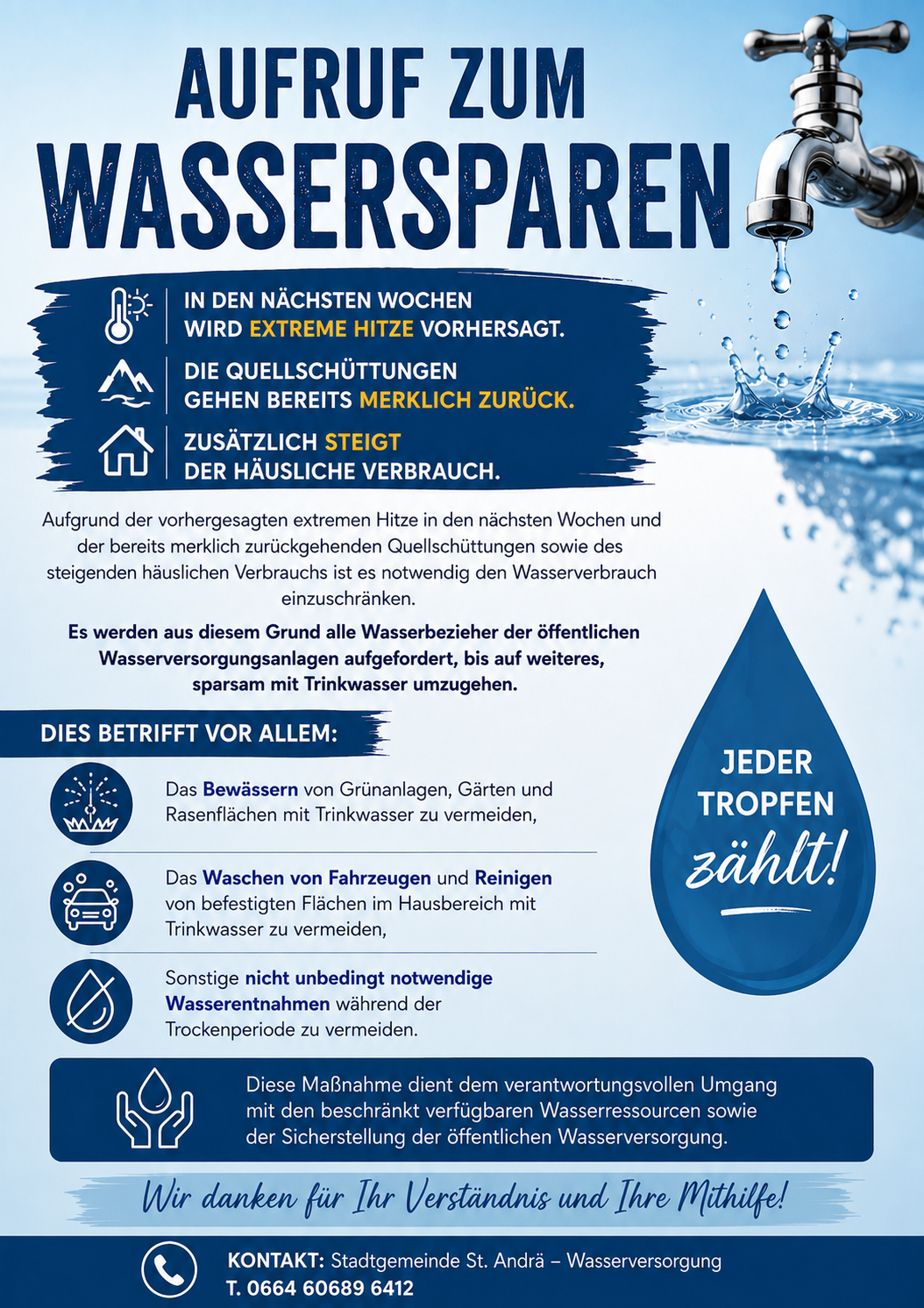 Ein Infografik-Poster betont die Notwendigkeit, Wasser zu sparen aufgrund extremer Hitze und reduzierter Wasserquellen. Es hebt hervor, Wasser für Rasen, Gärten und Autowäsche zu vermeiden und schlägt vor, nicht unbedingt notwendige Wassernutzung während Trockenperioden zu minimieren.