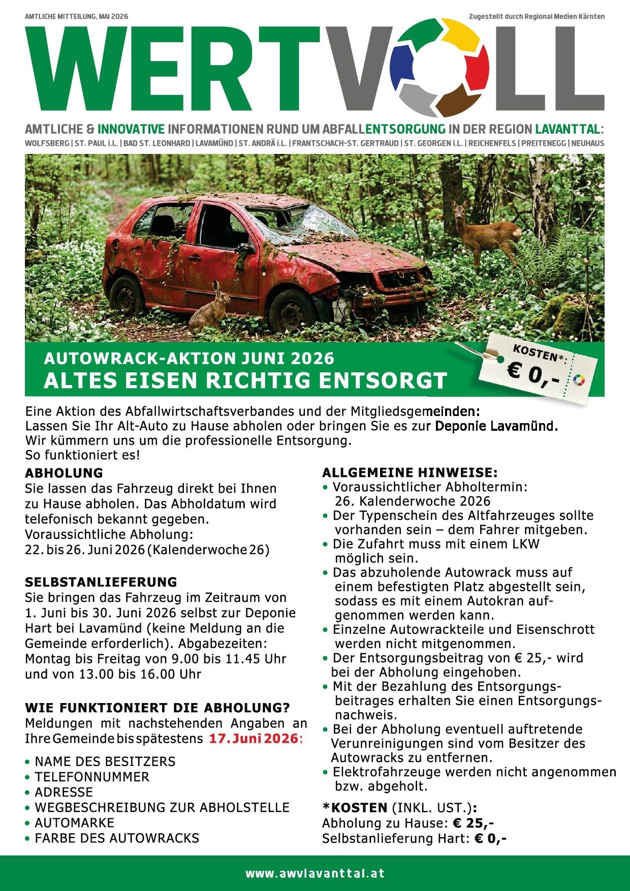 An image with a red car abandoned in the woods with a deer nearby. A poster states it's part of an auto wreck action in June 2026. The text details instructions for removing old cars and mentions a free deposit in Lavamund.