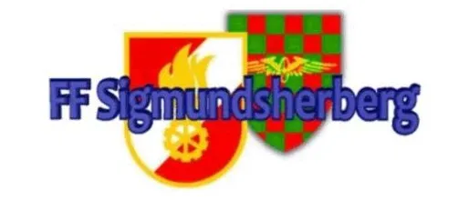 Das Logo von FF Sigmundsherberg zeigt eine gelbe Flamme mit einem Rad auf einem roten und weißen Schild. Daneben befindet sich ein grünes und rotes kariertes Muster mit einem gelben Adler.