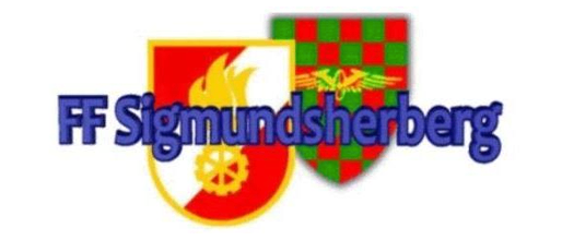 Das FF Sigmundsherberg Logo zeigt ein Flammensymbol und einen Schild mit roten und grünen Quadraten. Der Text 'FF Sigmundsherberg' ist in Blau geschrieben.