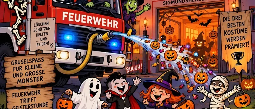 Ein Halloween-Event-Poster mit einem Feuerwehrauto, auf dem eine Kürbis steht, einer Hexe und einem Geist, die es fahren. Kinder in Kostümen halten Kürbisse und Süßigkeiten werden aus dem Feuerwehrauto gesprüht.