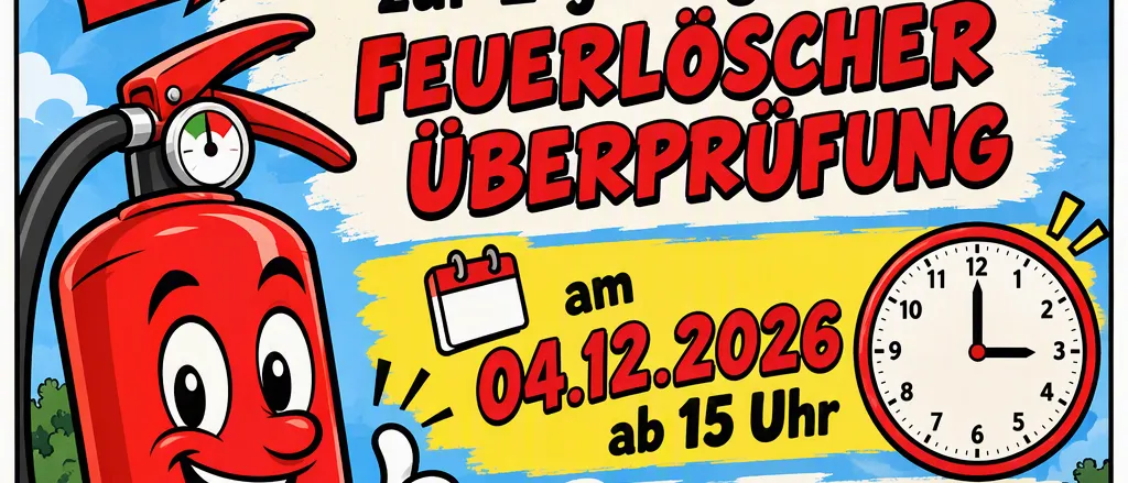 Ein Plakat für eine Feuerlöscher-Überprüfungsveranstaltung, mit einem gezeichneten Feuerlöscher, der Daumen hoch hält, einem gelben Haus und einem Kalender-Symbol.