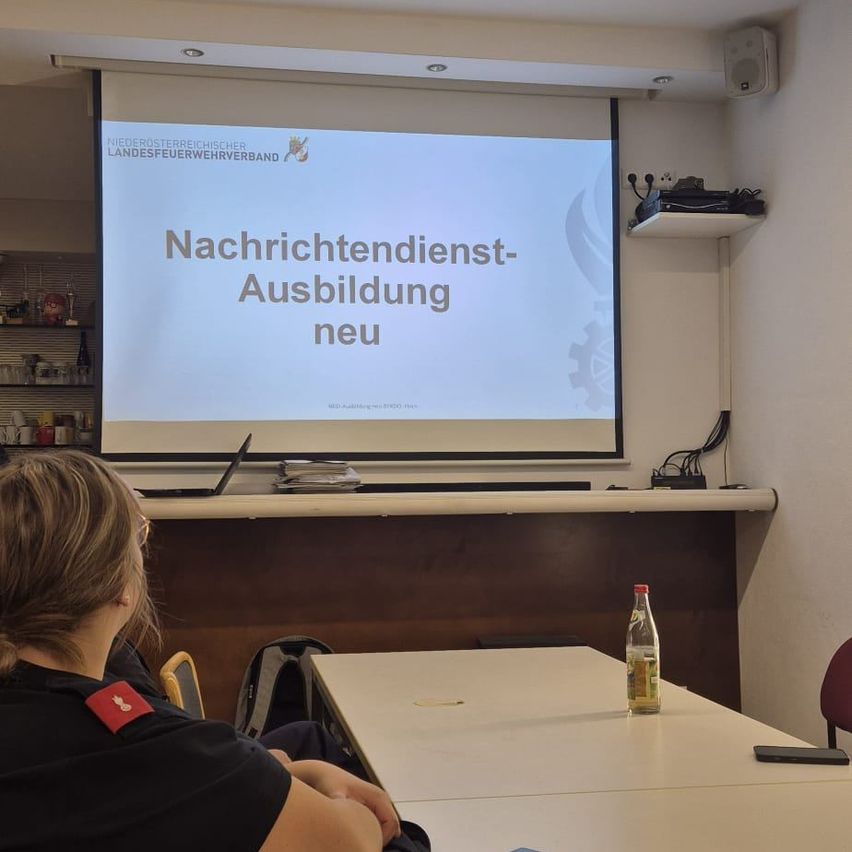 Eine Frau besucht eine Präsentation über neue Nachrichtendienstausbildung, die auf einer Leinwand mit einer weißen Wand dahinter projiziert wird.