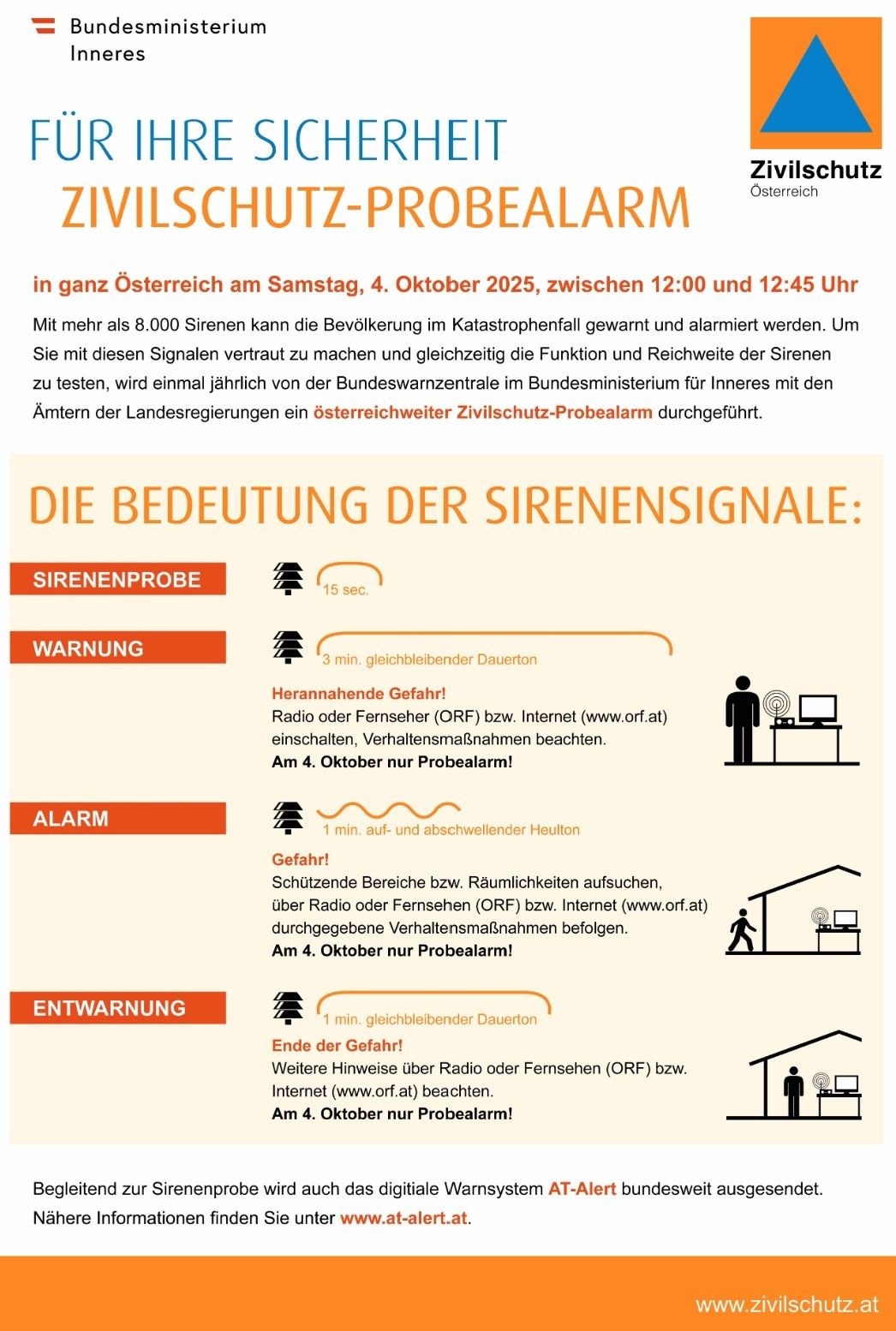 Das Bild ist ein Informationsposter über einen österreichweiten Zivilschutz-Probealarm am 4. Oktober 2025 von 12:00 bis 12:45 Uhr. Es zeigt verschiedene Sirenensignale und deren Bedeutung: ein 15-sekündiger Test, ein 3-minütiger Warnton, ein 1-minütiger Alarm und ein 1-minütiger Entwarnungston. Das Poster weist auch darauf hin, Radio oder Fernsehen oder das Internet für weitere Informationen zu nutzen.
