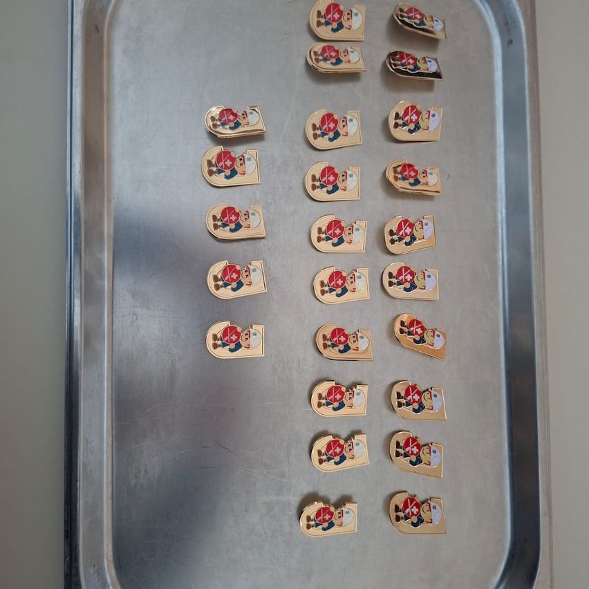 Ein Tablett gefüllt mit kleinen, goldenen, charakterbasierten Pins, die in Reihen auf einer metallischen Oberfläche angeordnet sind.