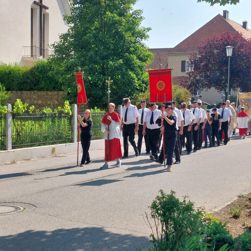 Eine Gruppe von Menschen, gekleidet in Weiß und Rot, marschiert in einer Parade und hält rote Banner. Sie sind auf einer Straße mit Gebäuden und Grünflächen auf beiden Seiten.