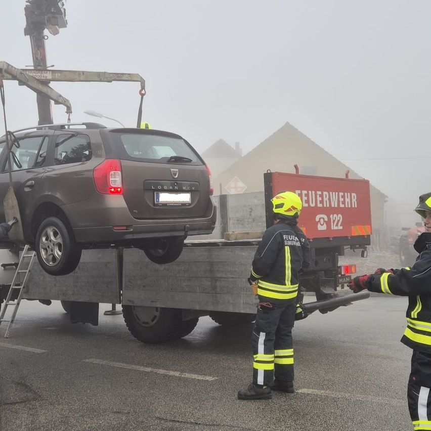Feuerwehrleute benutzen einen Kran, um ein Auto von einem Tieflader zu heben an einem nebligen Tag. Das Auto ist braun, und der Lastwagen ist rot.