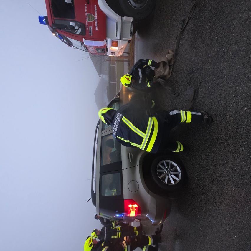 Feuerwehrleute in gelben und schwarzen Uniformen kümmern sich um ein silbernes Auto mit Reifenproblemen. Ein roter Feuerwehrwagen ist in der Nähe geparkt.