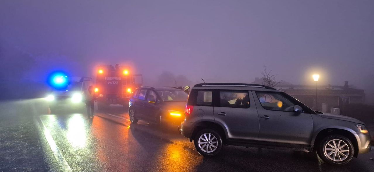 Einsatzfahrzeuge mit blinkenden Lichtern sind auf einer nebligen Straße geparkt. Zwei Autos sind ebenfalls anwesend, mit Menschen im Inneren.