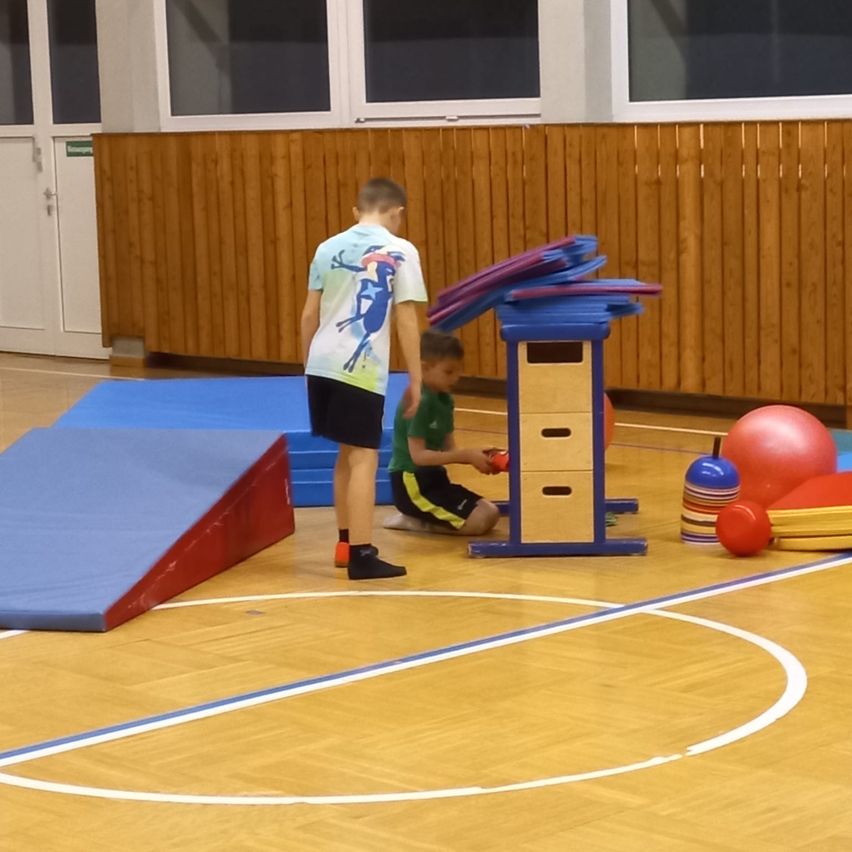 Zwei Kinder befinden sich in einer Turnhalle, eines hält einen Ball, in der Nähe einer Holzwand und Matten.