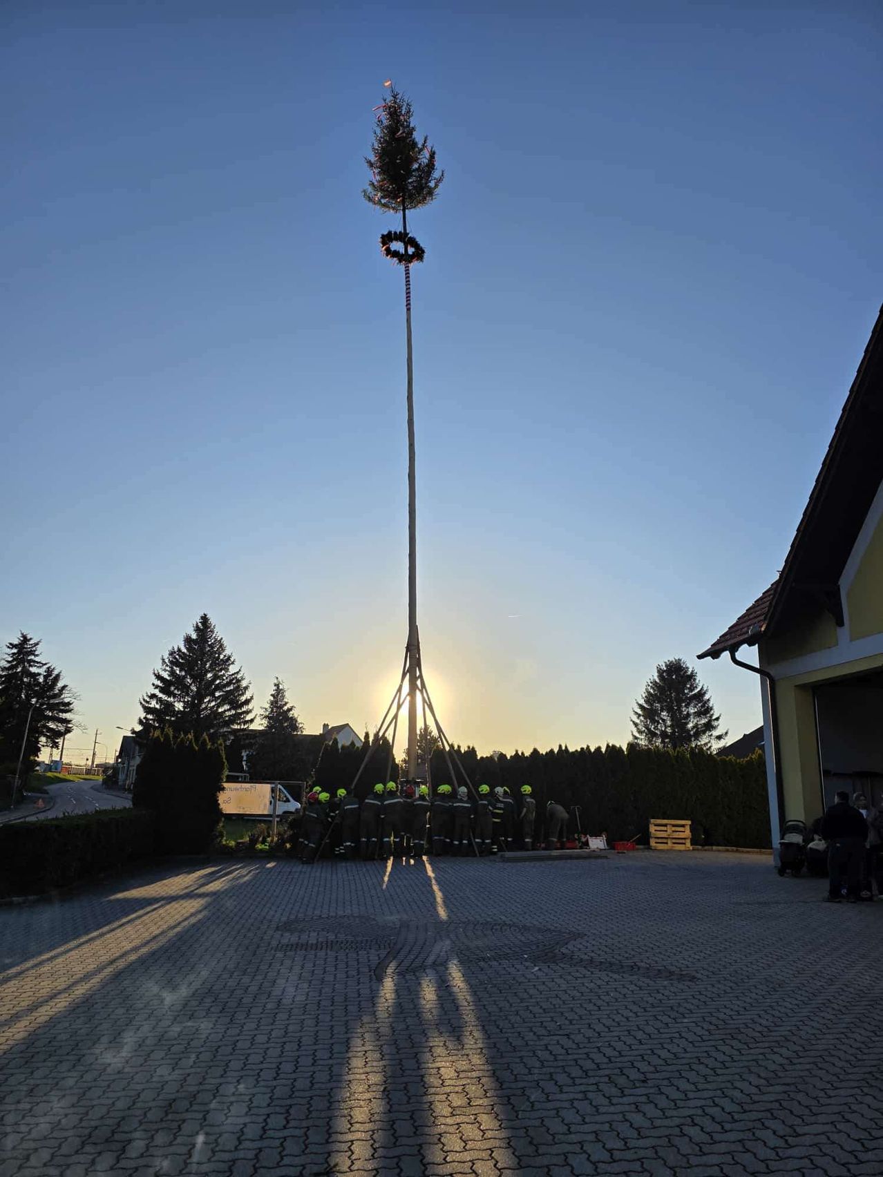Eine Gruppe von Feuerwehrleuten versammelt sich um einen hohen Baum, während die Sonne im Hintergrund untergeht.