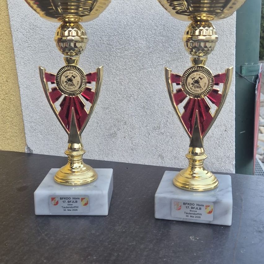 Zwei goldene Trophäen mit roten und weißen Verzierungen stehen auf Marmorsockeln. Jede Trophäe hat ein Etikett mit 'BFKDO Horn' und dem Veranstaltungsdatum. Die Trophäe links ist für '17. BFJLb' am 30. Mai 2023.