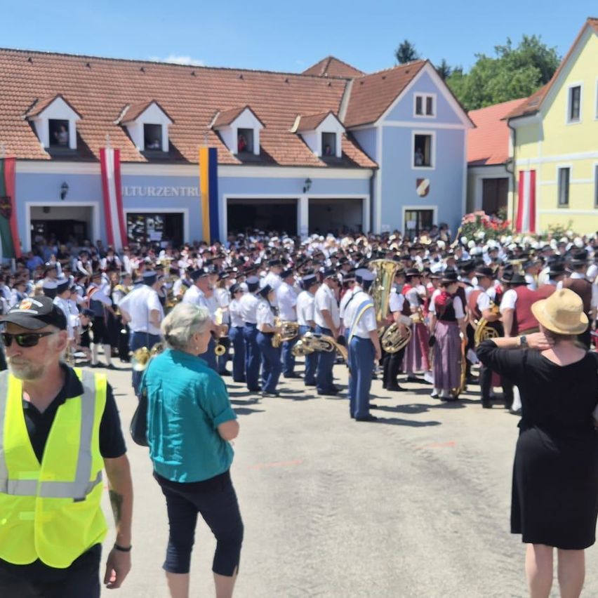 Eine große Menschenmenge in Uniform versammelt sich vor einem Gebäude mit Fahnen. Einige spielen Blechblasinstrumente.