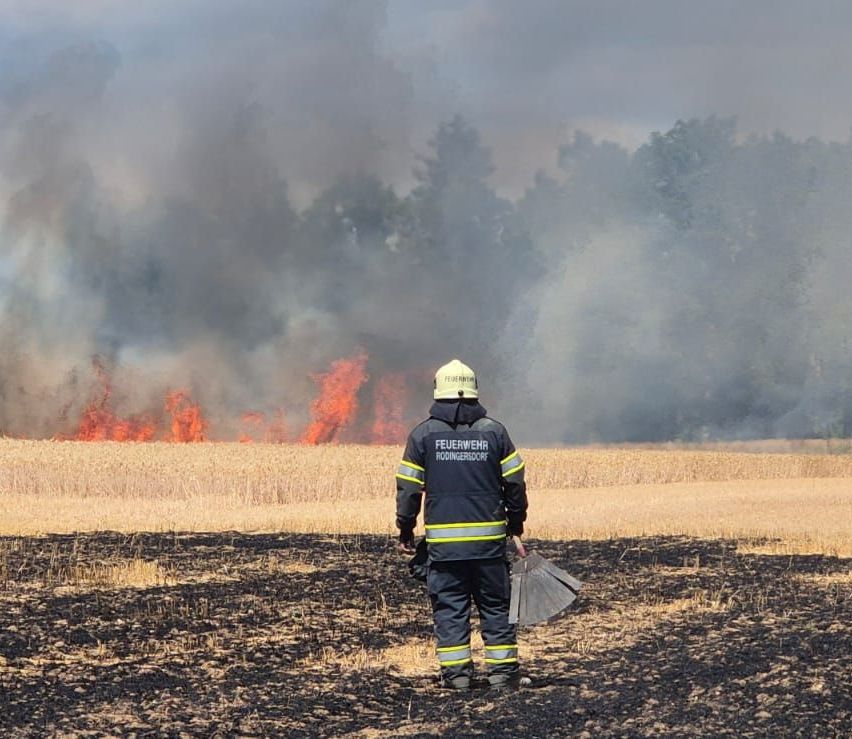 Ein Feuerwehrmann in Uniform steht auf einem Feld, mit einem Feuer im Hintergrund.