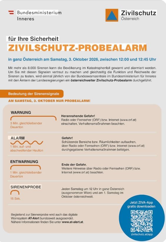 Ein Plakat für einen Zivilschutzalarm in Österreich, geplant für den 3. Oktober 2026 zwischen 12:00 und 12:45 Uhr. Es enthält Anweisungen für verschiedene Sirenensignale und deren Bedeutungen, zusammen mit einem QR-Code für weitere Informationen.