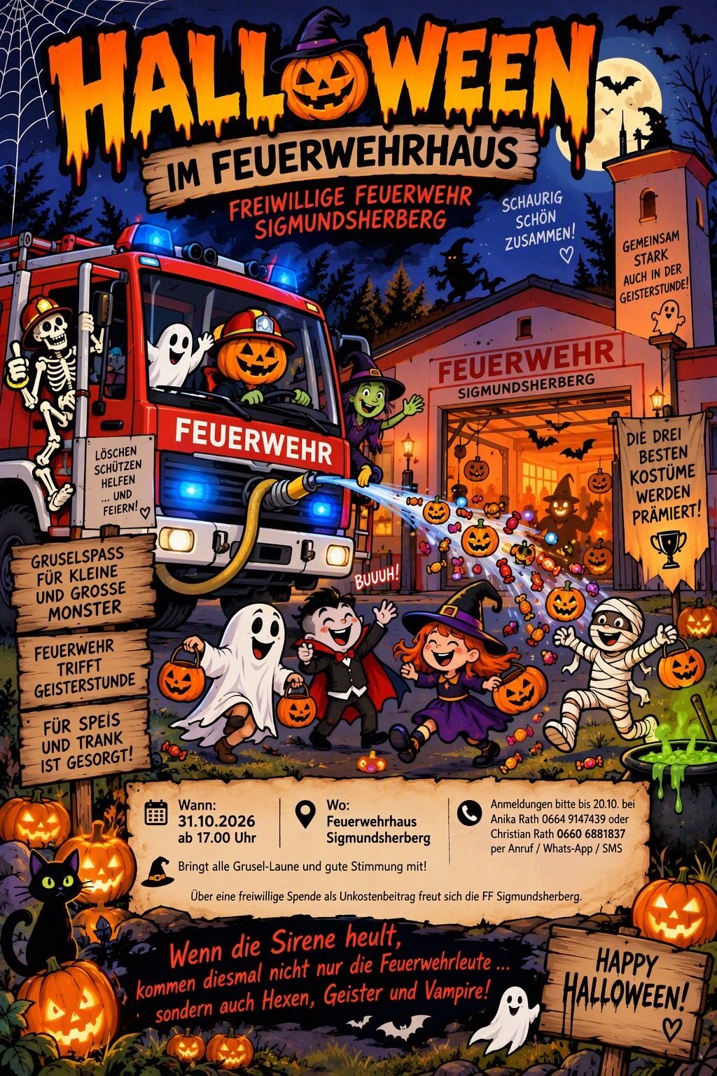 Ein Halloween-Event-Poster mit einem Feuerwehrauto, das Süßigkeiten sprüht, Kindern in Kostümen und Kürbissen. Das Event findet im Feuerwehrhaus Sigmundsherberg statt.