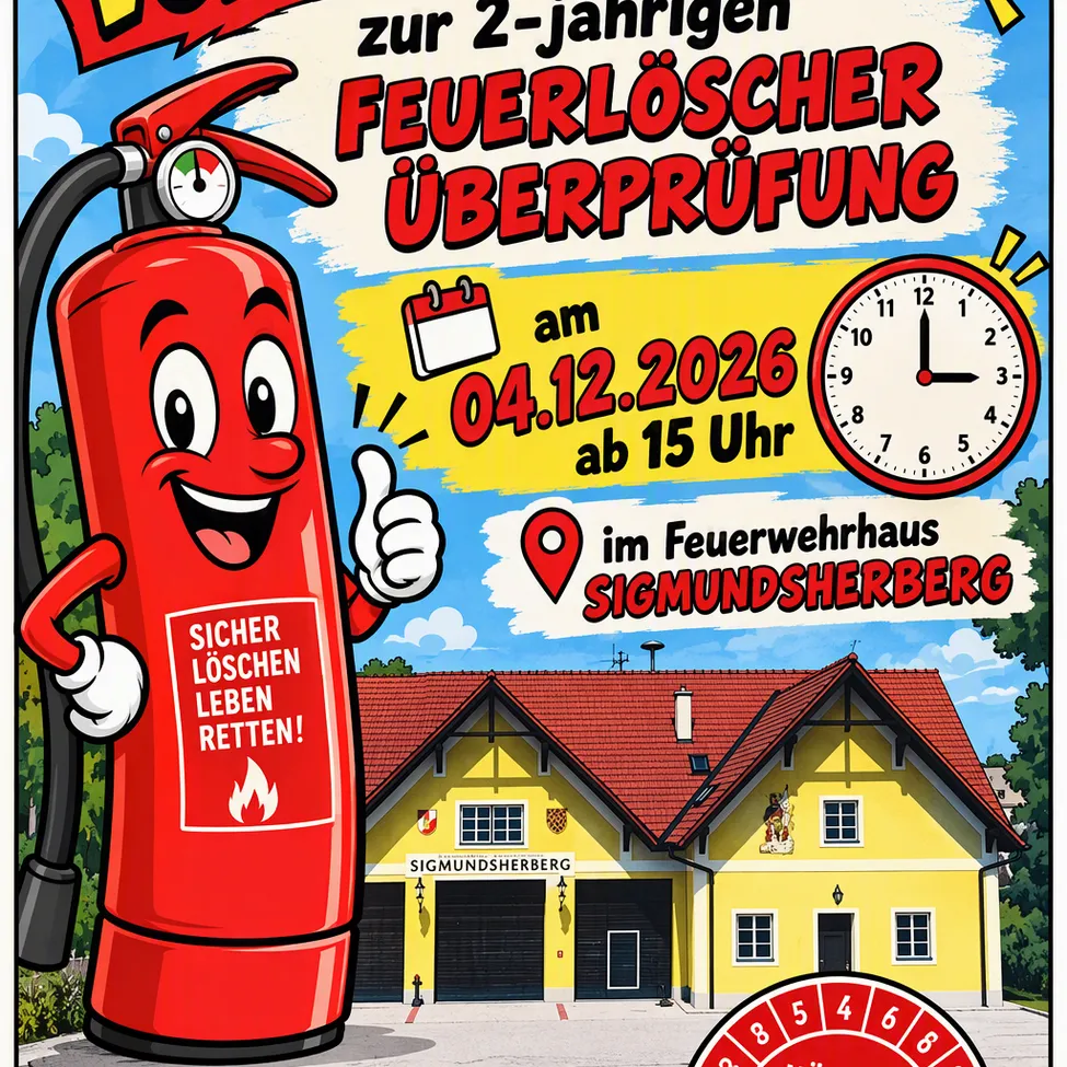 Ein Plakat für eine Feuerlöscher-Überprüfungsveranstaltung am 4. Dezember 2026 um 15 Uhr, mit einem gezeichneten Feuerlöscher und einem gelben Haus.