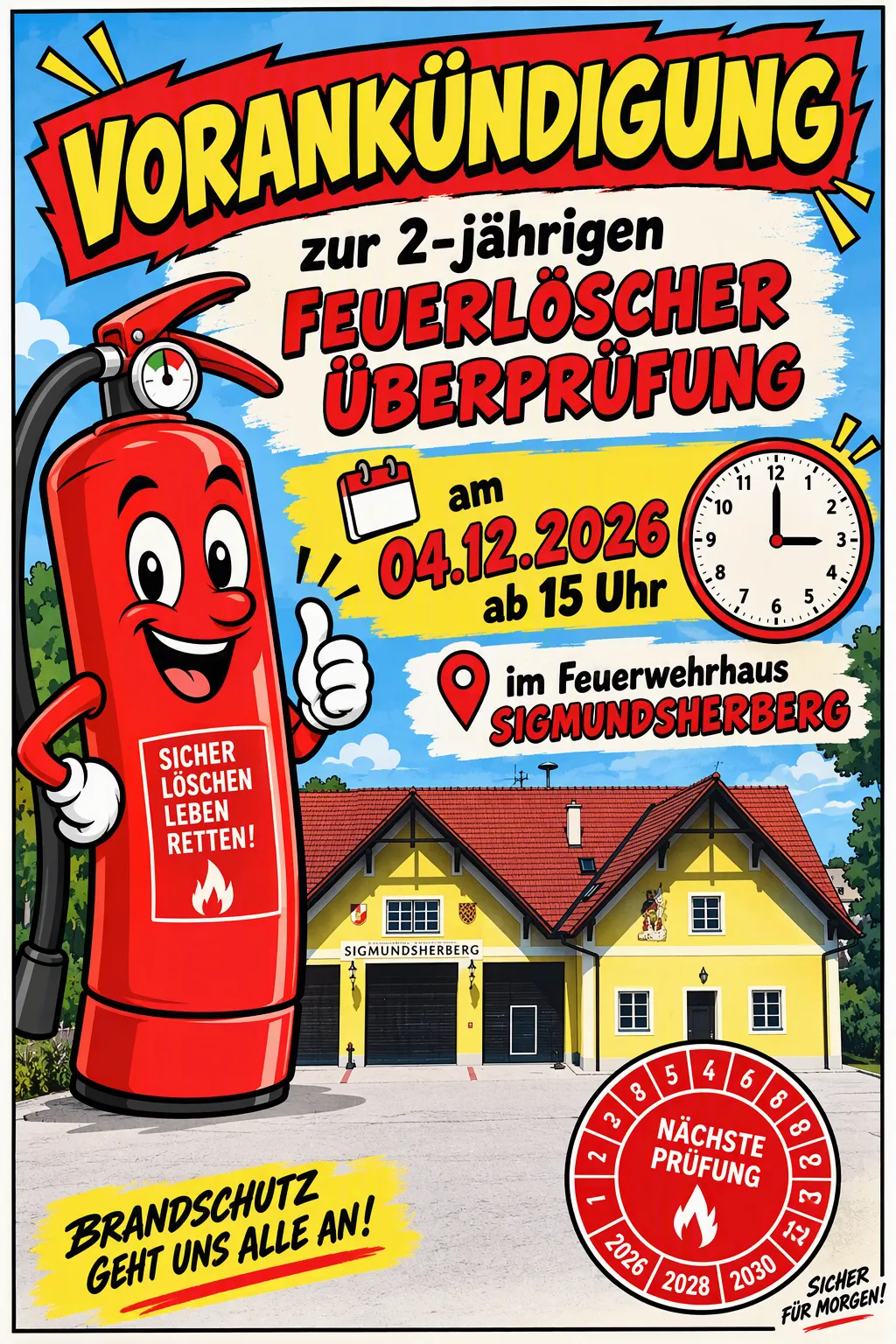 Ein Plakat für eine Feuerlöscher-Überprüfungsveranstaltung am 4. Dezember 2026 um 15 Uhr, mit einem gezeichneten Feuerlöscher und einem gelben Haus.