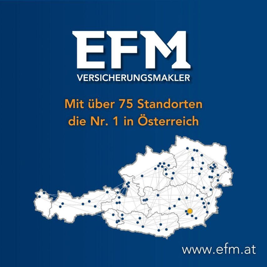 EFM Versicherungsmakler, mit über 75 Standorten, ist der Nummer 1 Versicherungsmakler in Österreich. Eine Karte von Österreich zeigt zahlreiche Punkte, die die Standorte darstellen.