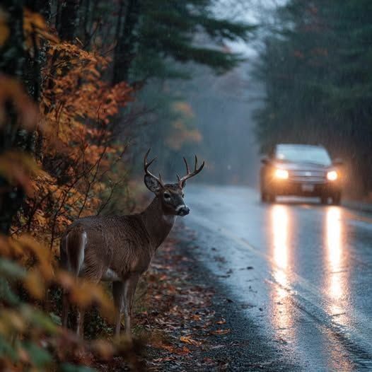 Ein Hirsch steht auf einer nebligen Straße, seine Scheinwerfer reflektieren auf der nassen Fahrbahn. Das Herbstlaub im Hintergrund verleiht einen Hauch von Farbe.