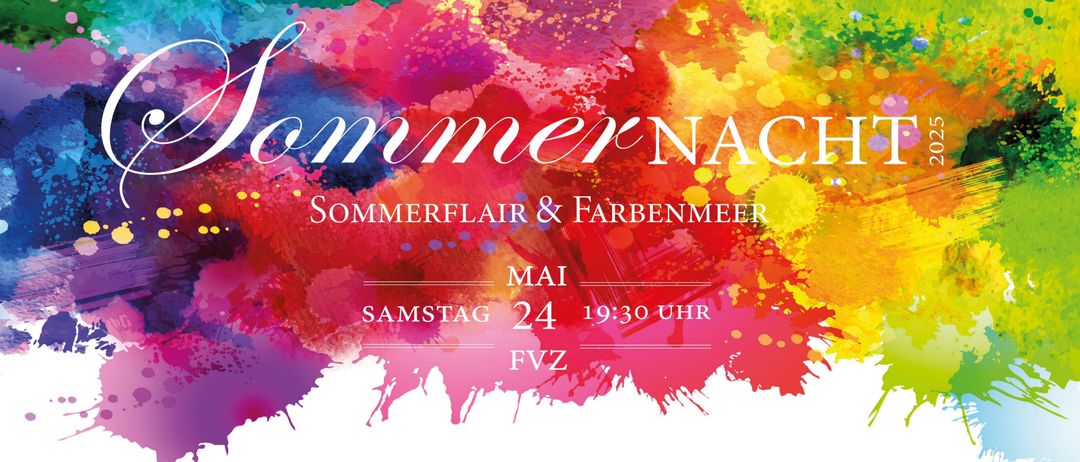 Ein farbenfrohes Plakat für 'SommerNAC' mit einem lebhaften Farbspritzer. Es enthält Details zu einer Veranstaltung am Samstag, 24. Mai um 19:30 Uhr.