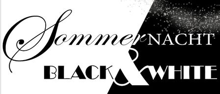 Plakat für eine schwarze und weiße Sommernachtsveranstaltung. Es zeigt eine Discokugel und eine Gitarre. Die Veranstaltung beinhaltet Aperitif-Bar, Cocktails, Kulinarik, Mitternachtsshow und Live-Musik. Datum: 27. Juni, Zeit: 19:30 Uhr. Kleiderordnung: Schwarz und Weiß.