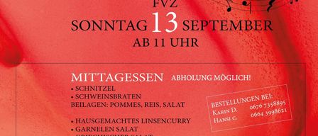 Ein Veranstaltungsposter für Friihschoppn Lackenbach am 13. September mit einem roten Hintergrund, musikalischen Noten, einer Speisenliste und Kontaktinformationen.