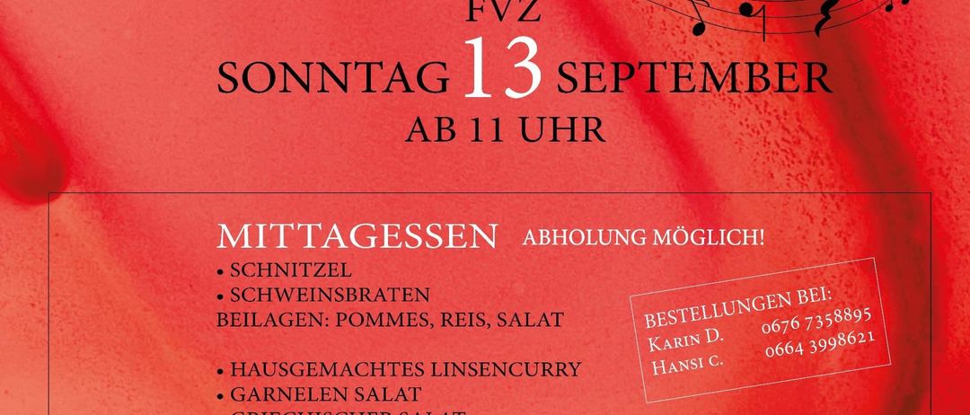 Ein Veranstaltungsposter für Friihschoppn Lackenbach am 13. September mit einem roten Hintergrund, musikalischen Noten, einer Speisenliste und Kontaktinformationen.