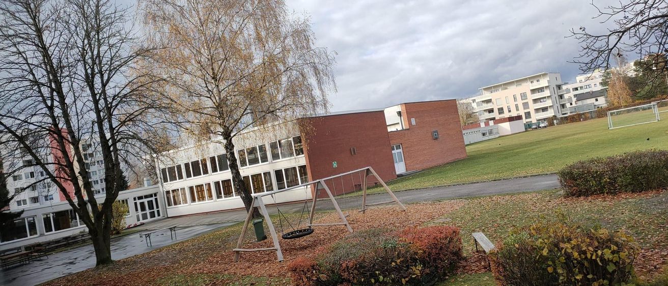 Ein Schulspielplatz mit Schaukel und Bank, umgeben von Bäumen und Büschen, unter einem bewölkten Himmel.