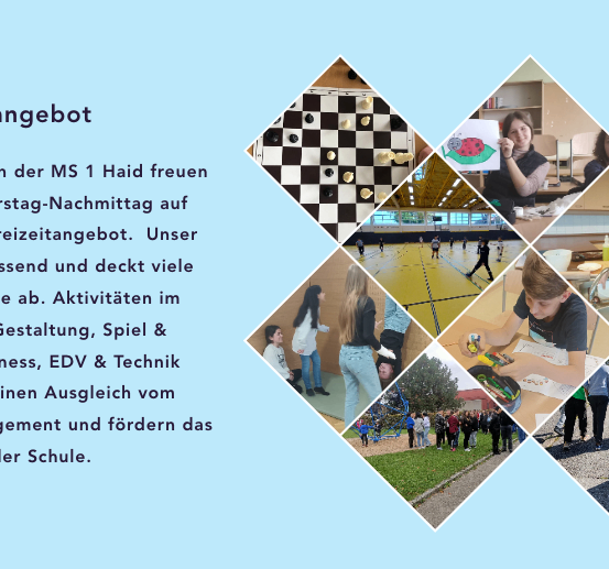 Das Bild zeigt eine Collage verschiedener Aktivitäten, die Schülern donnerstags nachmittags angeboten werden. Es umfasst Schach, Zeichnen, Sport und Teamarbeit. Es fördert ein ausgewogenes Engagement und das Gemeinschaftsgefühl an der Schule.