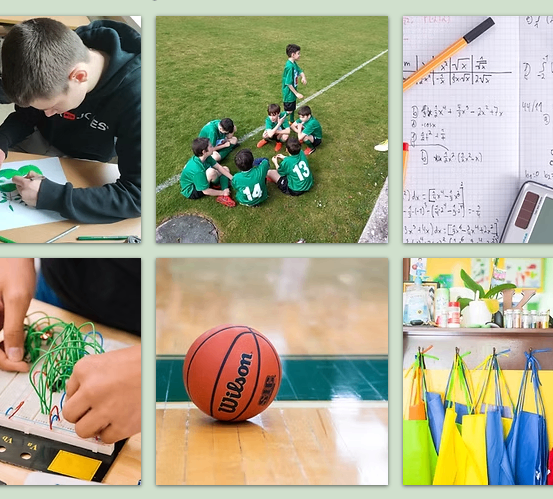 Eine Collage verschiedener Aktivitäten; ein Schüler beim Zeichnen, Kinder auf einem Fußballfeld, ein Mathe-Notizbuch, Hände, die Drähte zusammenbauen, ein Basketball und bunte Schürzen, die an einer Wand hängen.