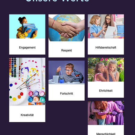 Das Bild zeigt einen lila Hintergrund mit neun Symbolen, die jeweils einen Wert darstellen. Zu den Symbolen gehören ein Kind mit Büchern, eine Handschüttel, ein Kind, das einen Laptop benutzt, eine Palette mit Farben, ein Kind, das ein Mikroskop benutzt, ein Kind, das einen Laptop benutzt, ein Kind und ein Erwachsener, die sich ein Geheimnis erzählen, zwei Kinder, die sich umarmen, und eine Gruppe von Kindern, die sich umarmen.