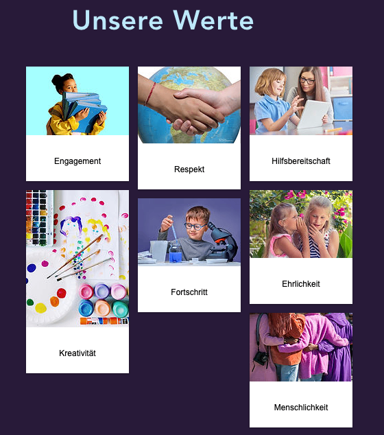 Das Bild zeigt einen lila Hintergrund mit neun Symbolen, die jeweils einen Wert darstellen. Zu den Symbolen gehören ein Kind mit Büchern, eine Handschüttel, ein Kind, das einen Laptop benutzt, eine Palette mit Farben, ein Kind, das ein Mikroskop benutzt, ein Kind, das einen Laptop benutzt, ein Kind und ein Erwachsener, die sich ein Geheimnis erzählen, zwei Kinder, die sich umarmen, und eine Gruppe von Kindern, die sich umarmen.