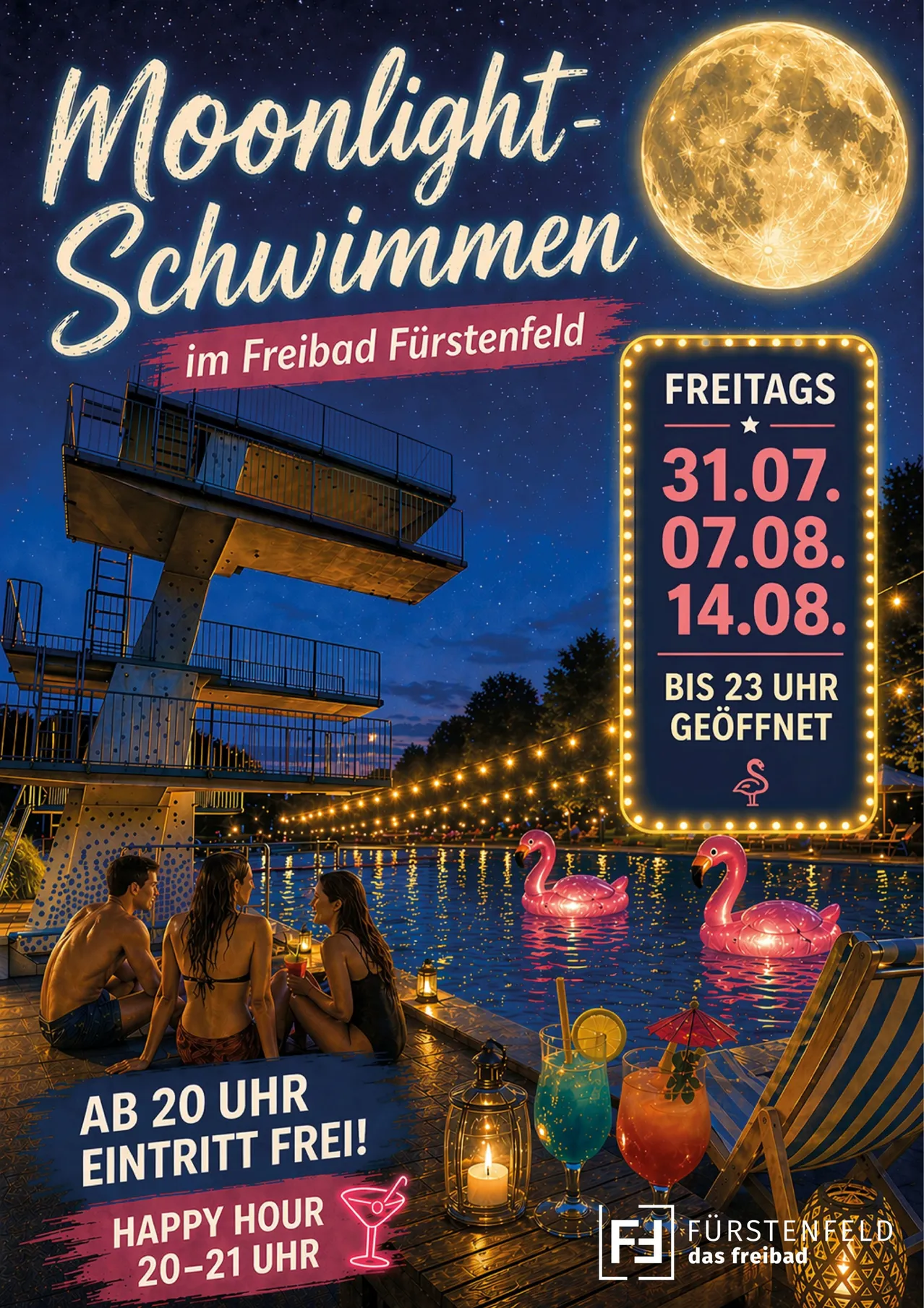 Ein Werbeplakat für ein nächtliches Schwimmevent im Freibad Furstenfeld, mit Vollmond, Sprungturm und Leuten, die Getränke am Pool genießen. Daten und Öffnungszeiten werden angezeigt.