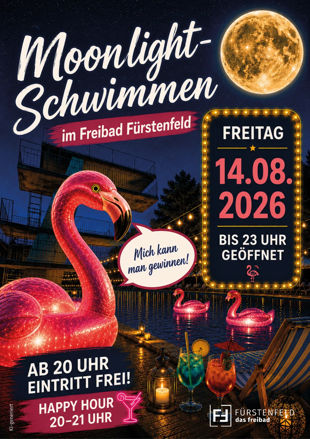 Ein Werbeplakat für eine nächtliche Schwimmveranstaltung im Freibad Furstenfeld, mit einem rosa Flamingo, einem Vollmond und einem Pool mit Flamingo-Schwimmhilfen. Die Veranstaltung ist für den 14. August 2026 geplant und bis 23 Uhr geöffnet.