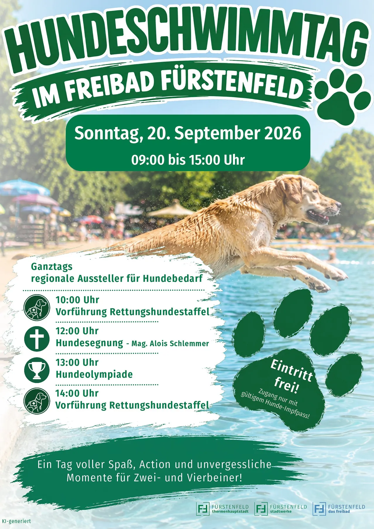 Plakat für eine Hundeveranstaltung im Freibad Fürstenfeld am 20. September 2026. Zeigt einen Hund, der ins Wasser springt, Zeitplan und Informationen zum hundefreundlichen Zugang.